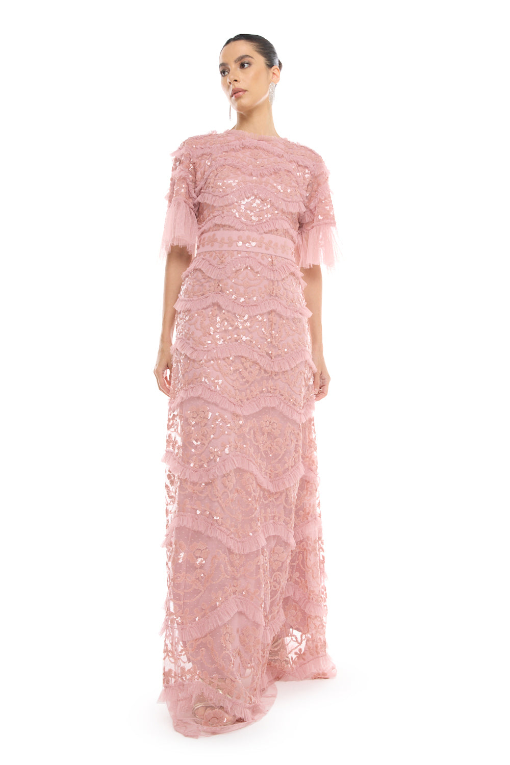 Tiered Embellished Lace Gown