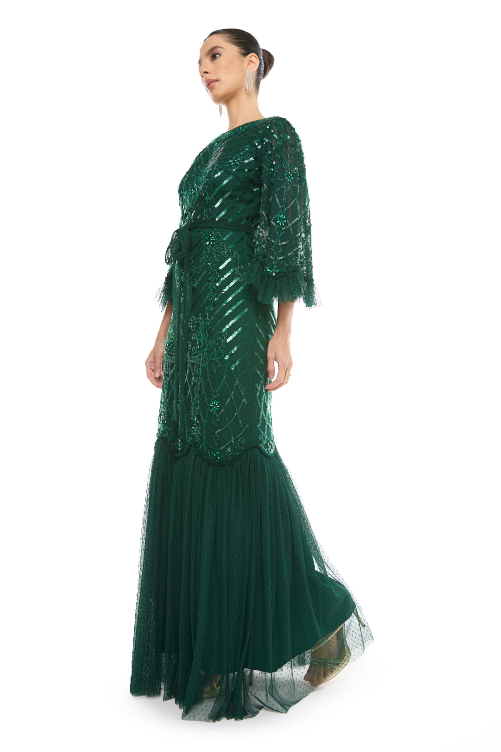 Fringed Overlay Pleated Gown