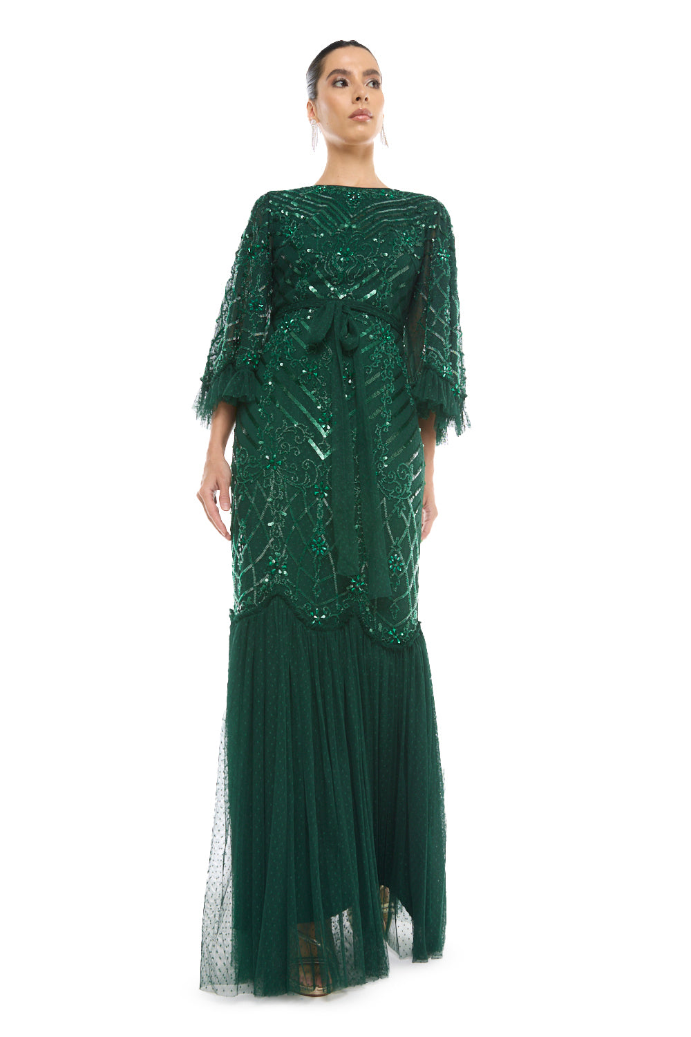 Fringed Overlay Pleated Gown