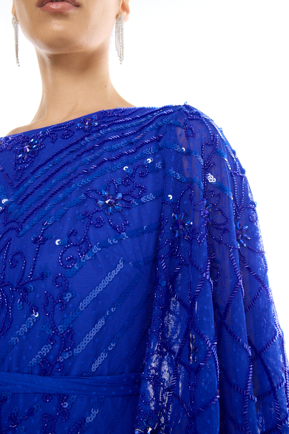 Fringed Overlay Pleated Gown