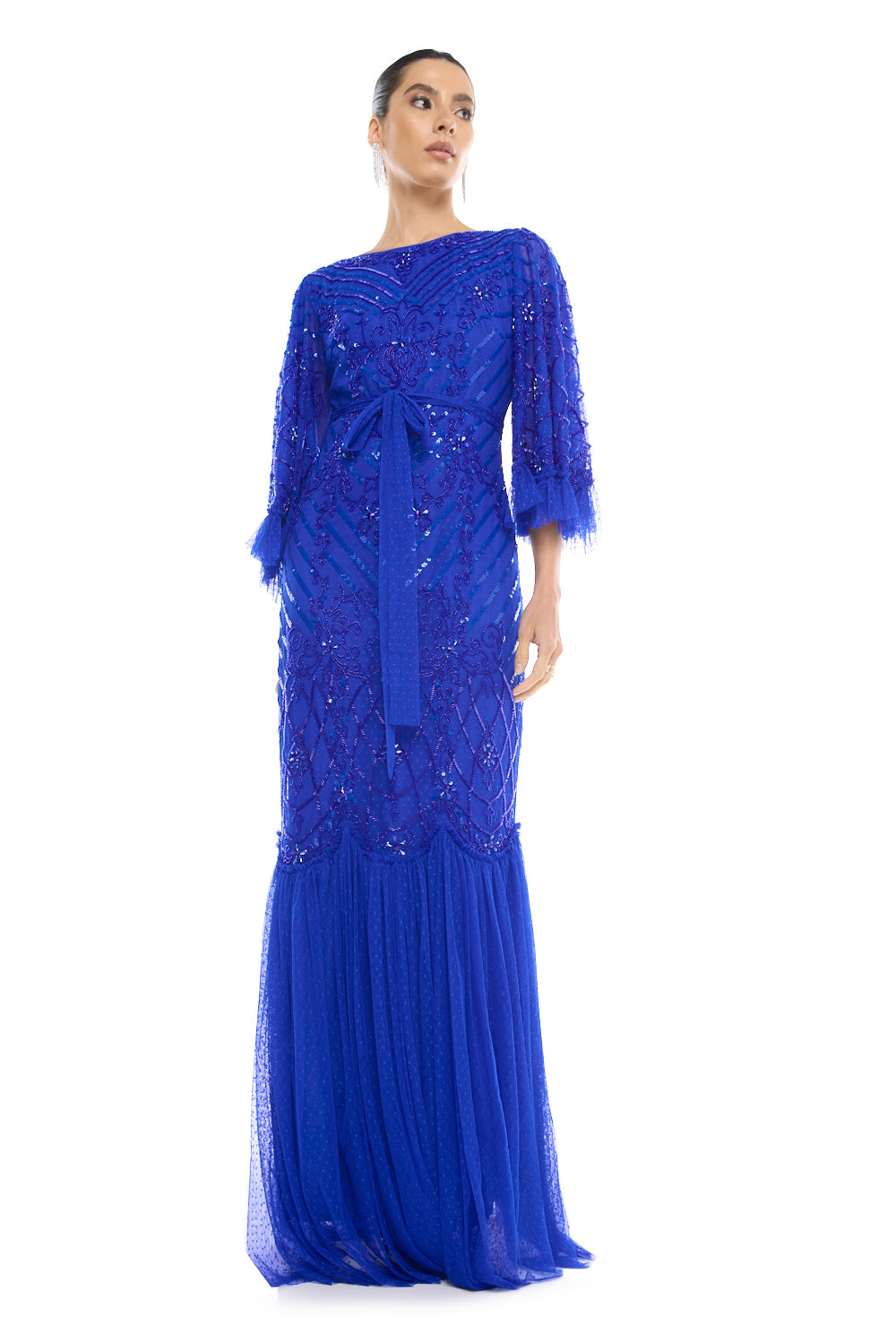 Fringed Overlay Pleated Gown