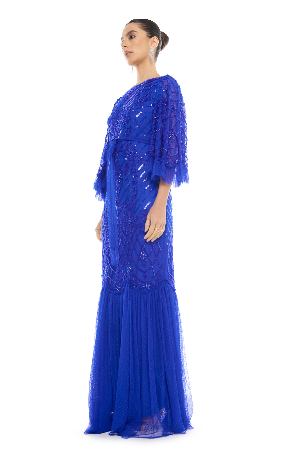 Fringed Overlay Pleated Gown