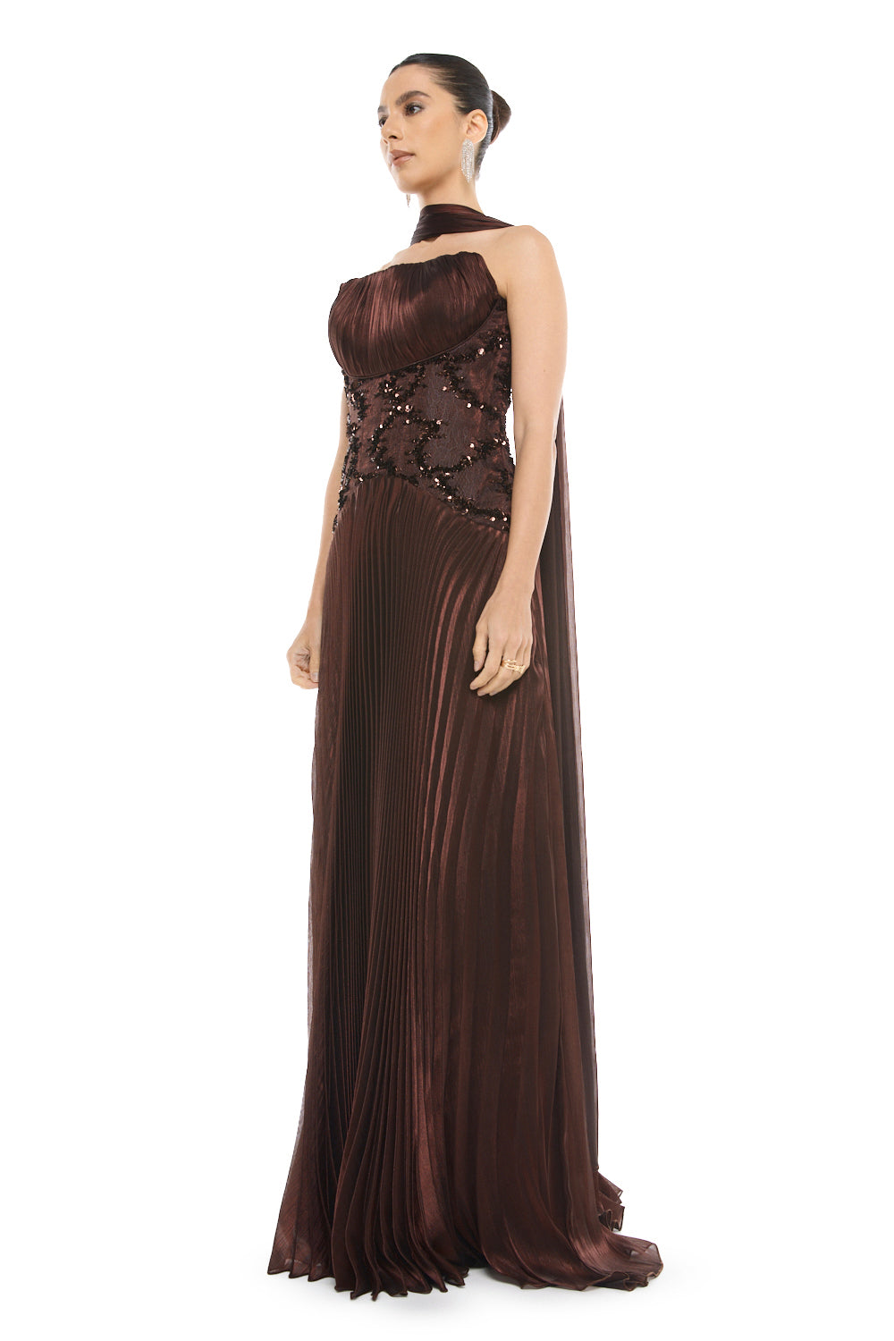 Pleated Halter Overlay Gown