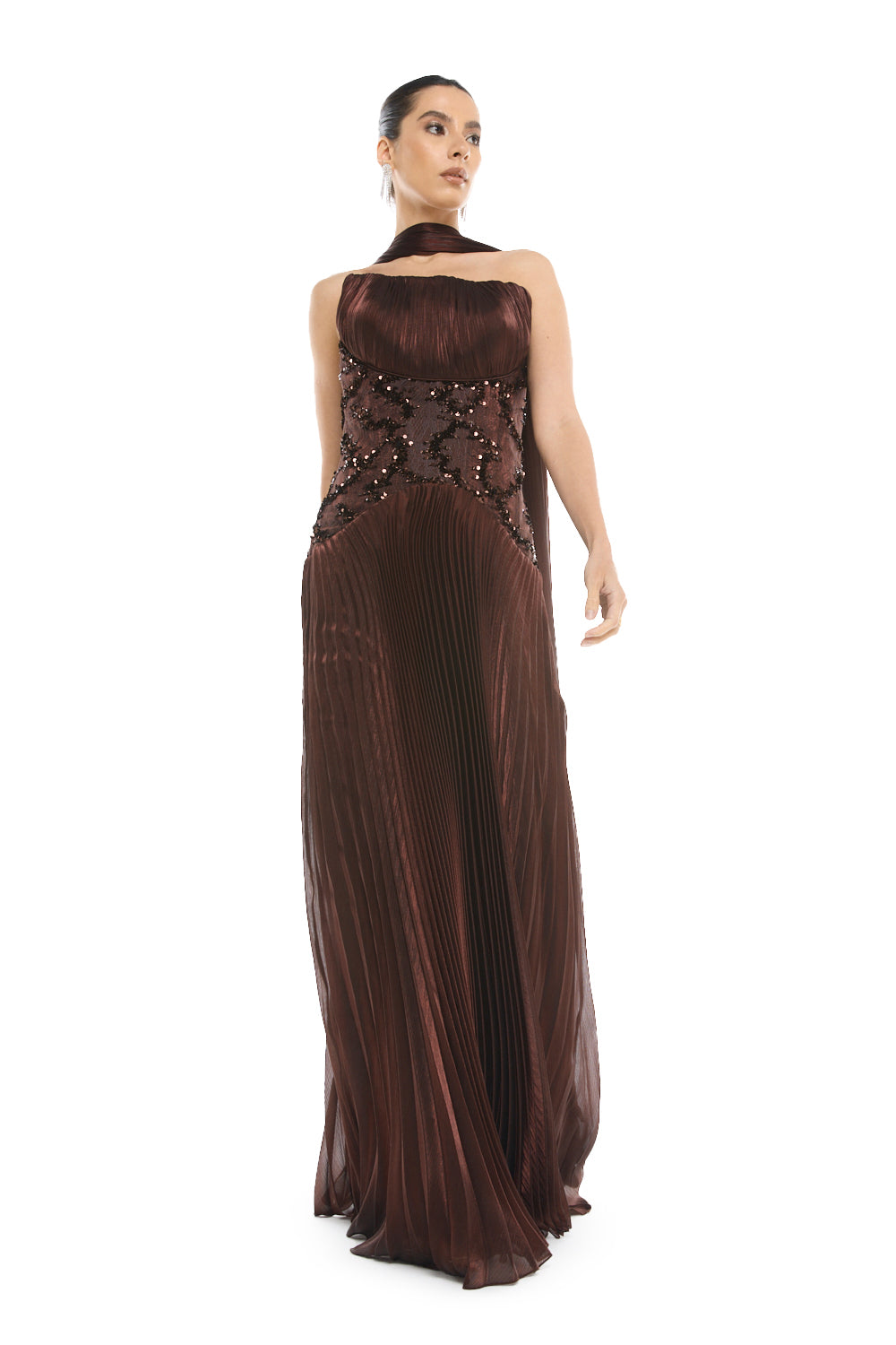 Pleated Halter Overlay Gown