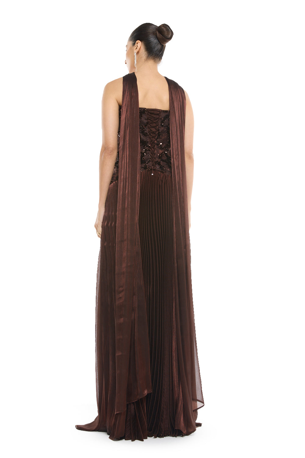 Pleated Halter Overlay Gown