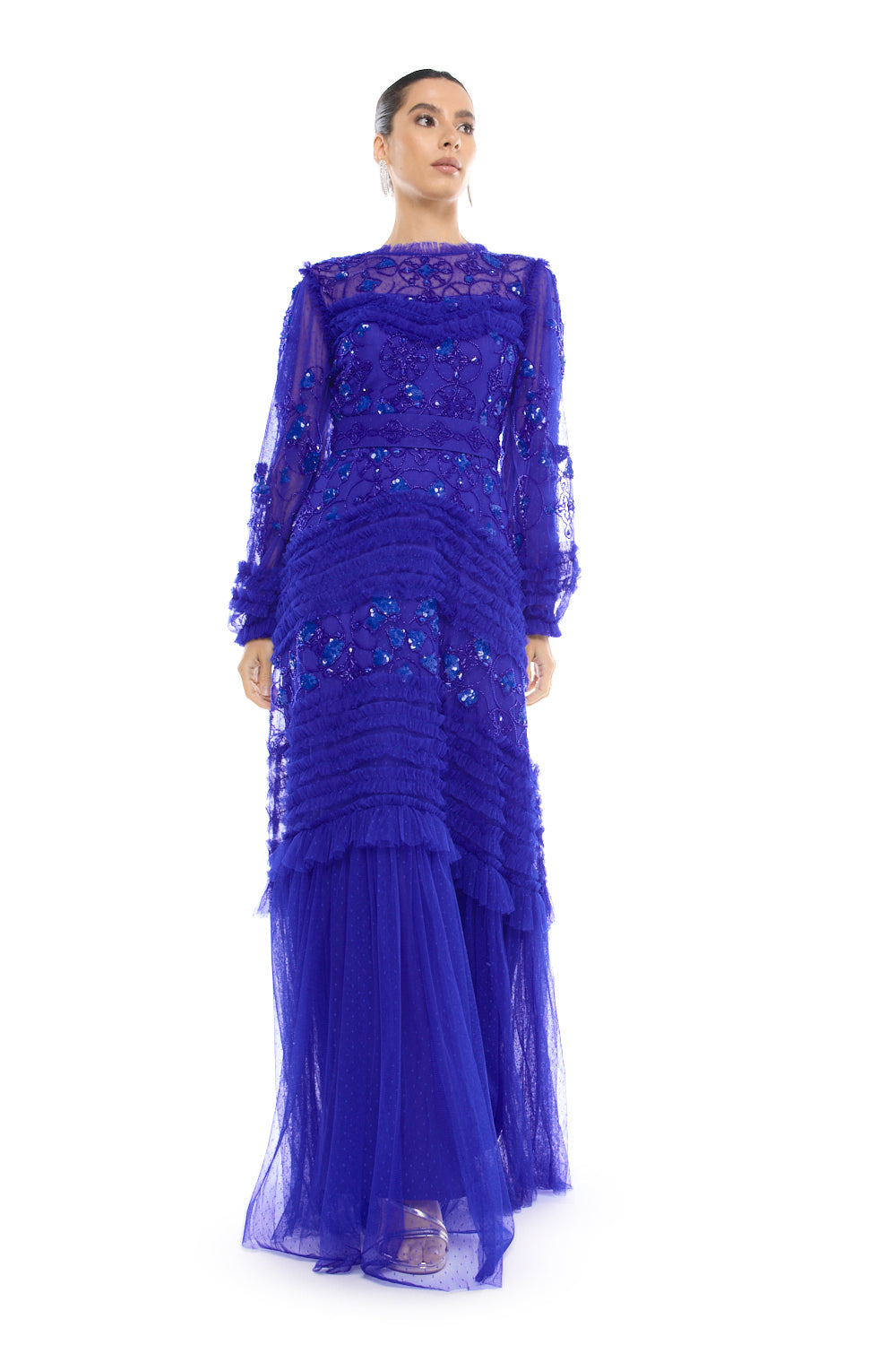 Tiered Embellished Mesh Gown