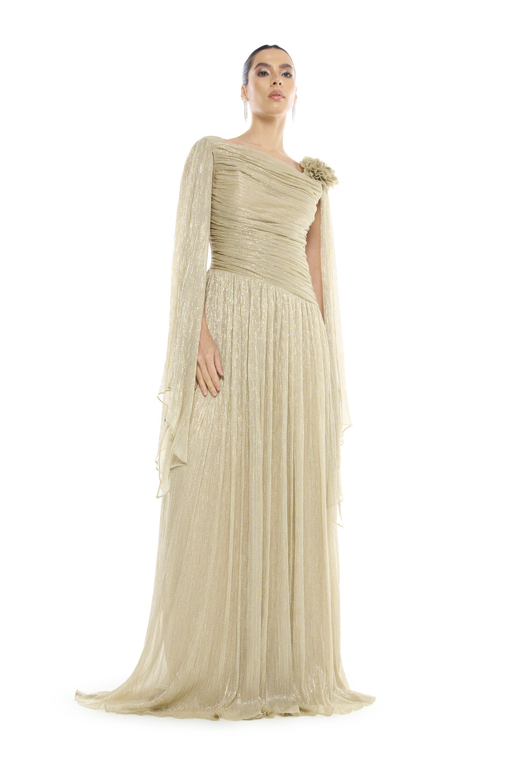 One-Shoulder Cape Pleated Gown