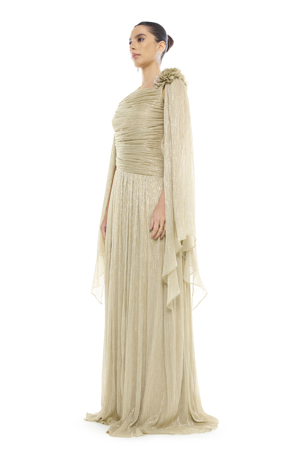 One-Shoulder Cape Pleated Gown