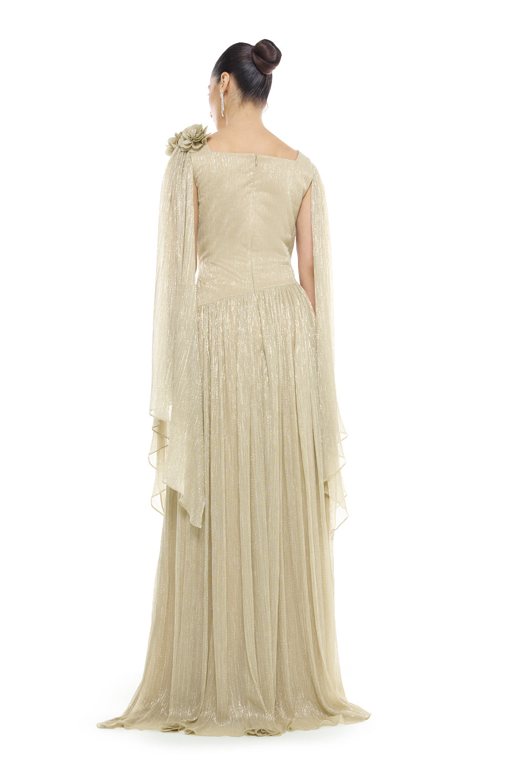 One-Shoulder Cape Pleated Gown