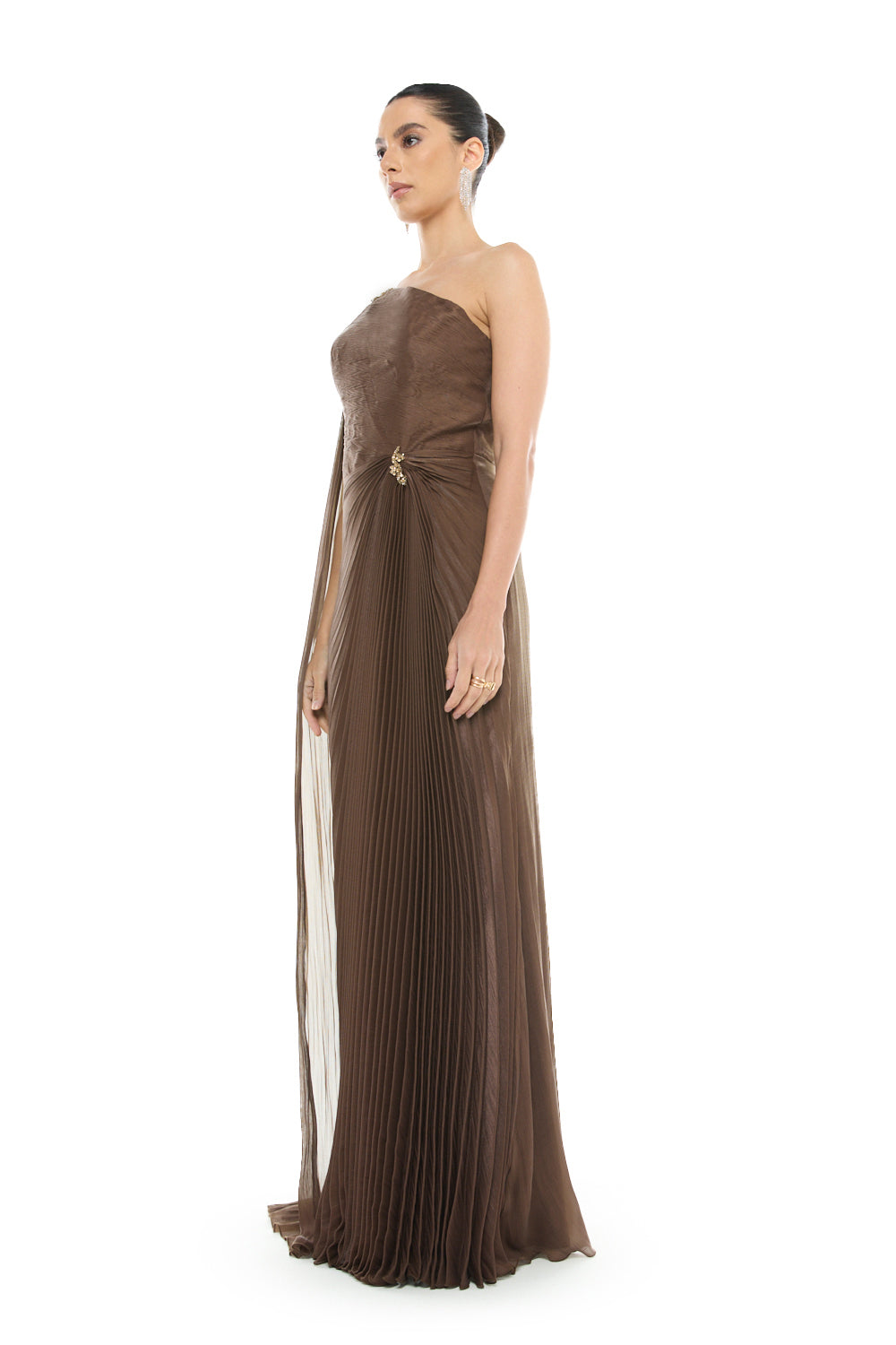 One-Shoulder Pleated Cape Gown