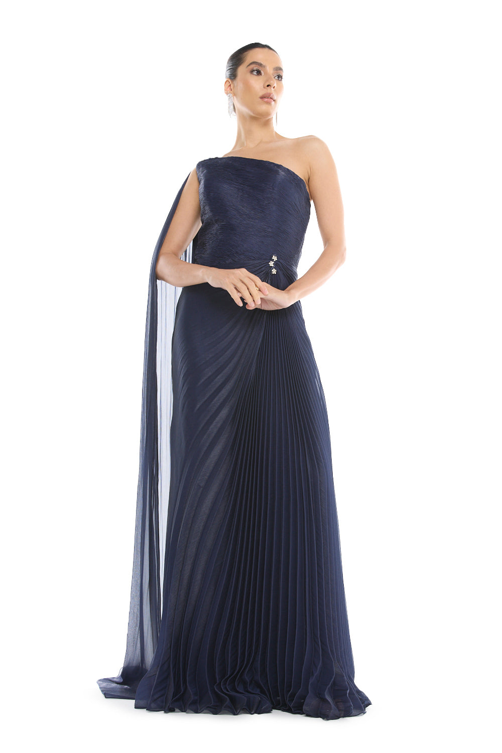 One-Shoulder Pleated Cape Gown