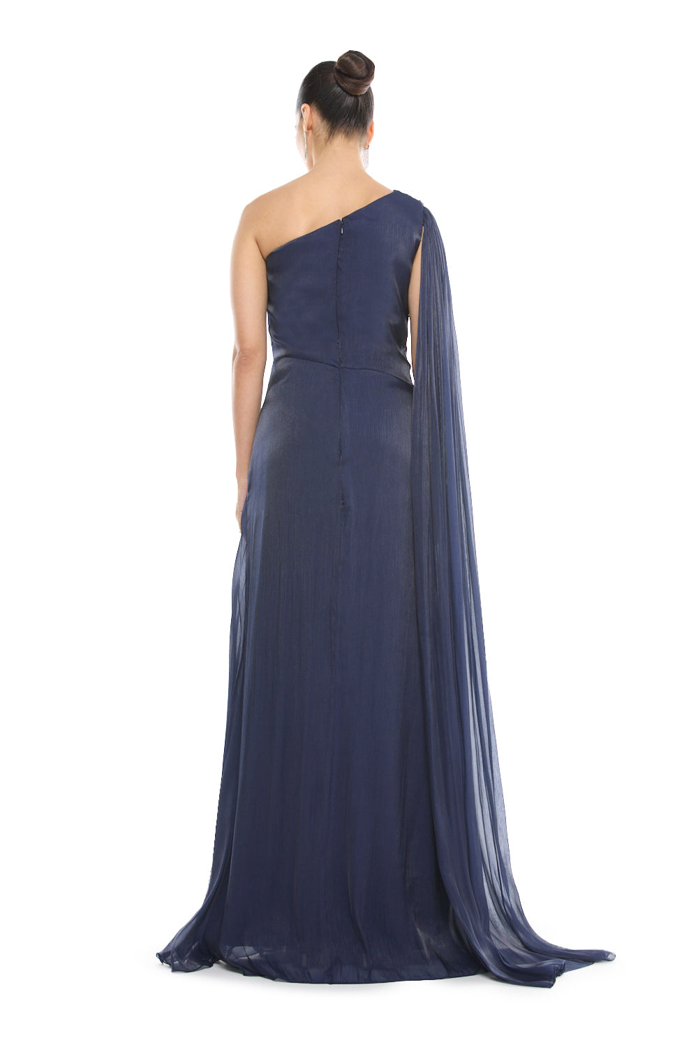 One-Shoulder Pleated Cape Gown