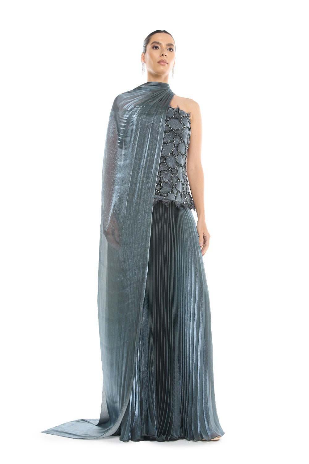 Asymmetric Cape Pleated Gown