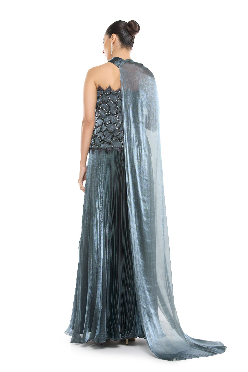 Asymmetric Cape Pleated Gown