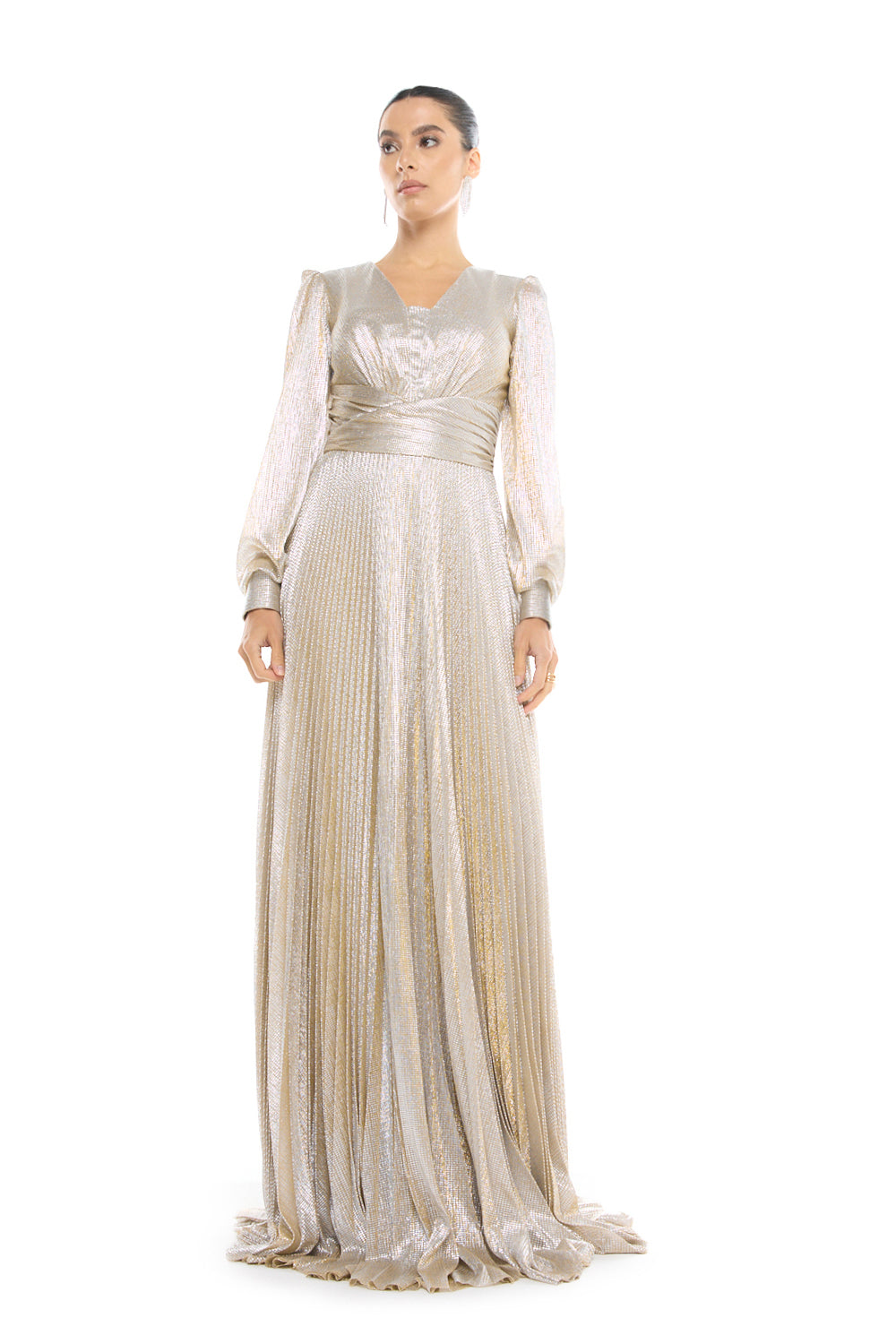 Pleated Blouson Sleeve Gown
