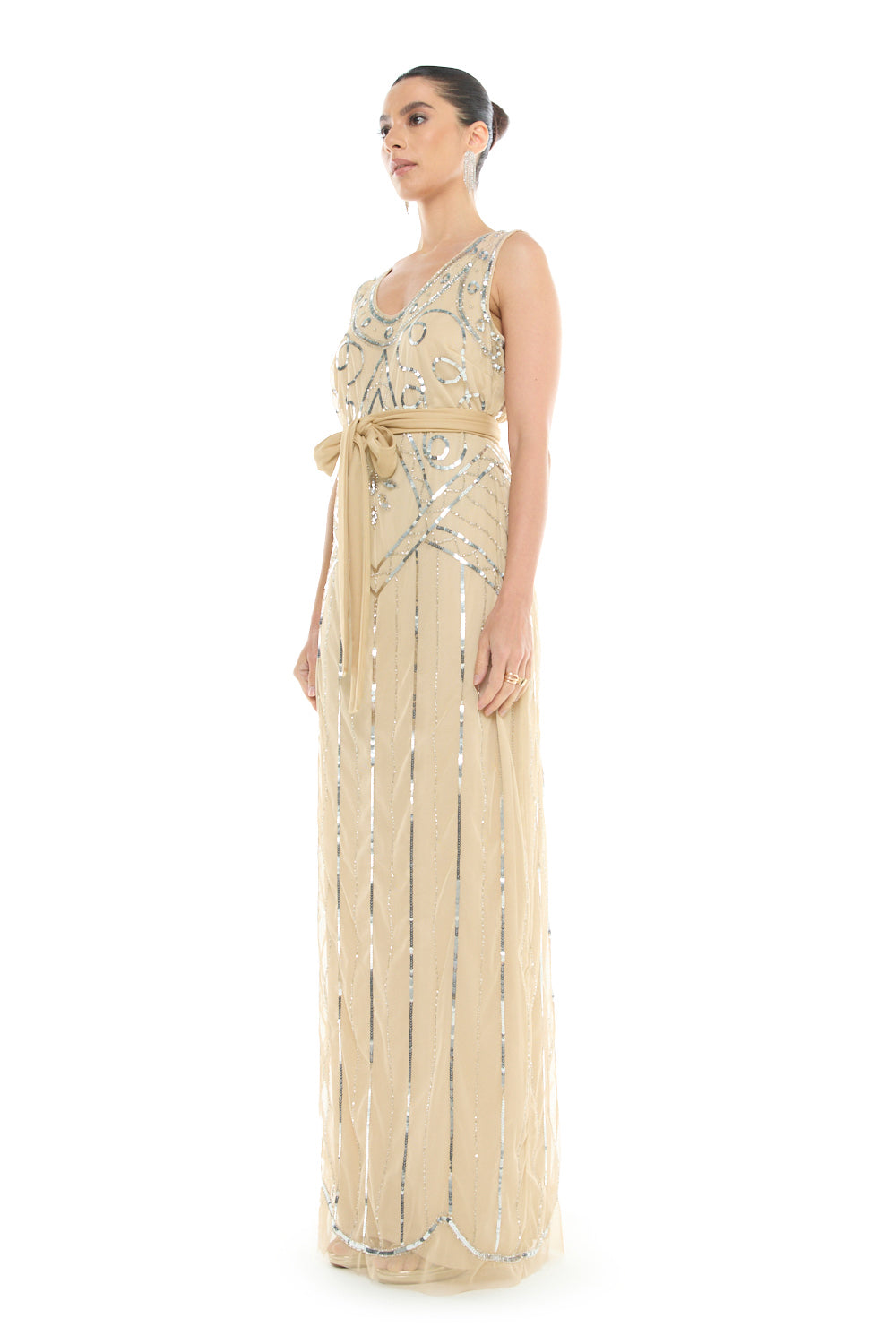 Embellished Belted Column Gown