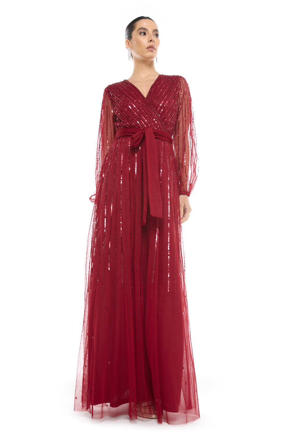 Sheer Sleeve Striped Sequin Gown