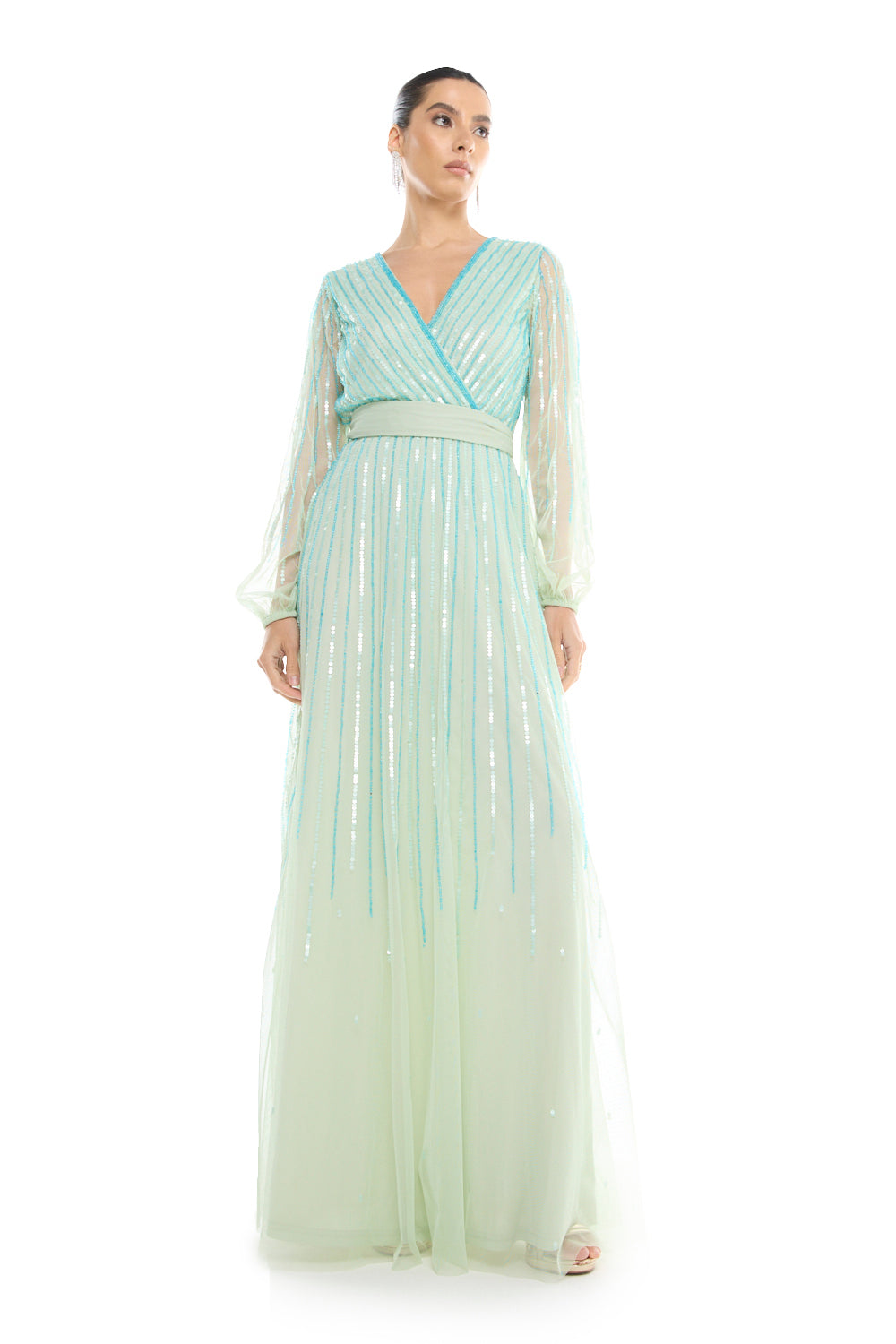 Sheer Sleeve Striped Sequin Gown