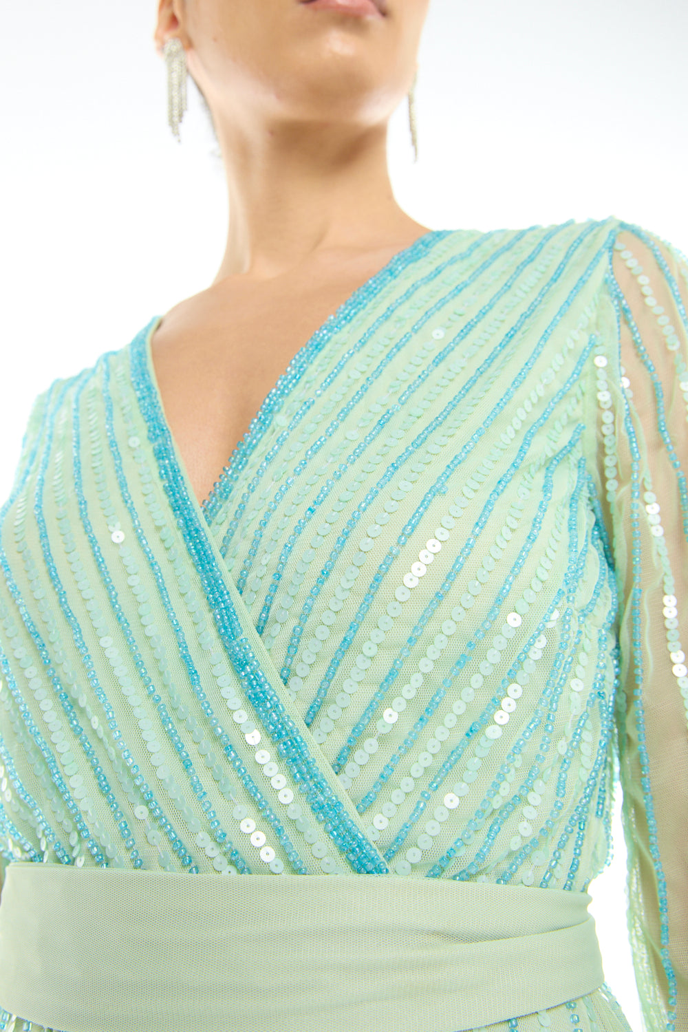 Sheer Sleeve Striped Sequin Gown