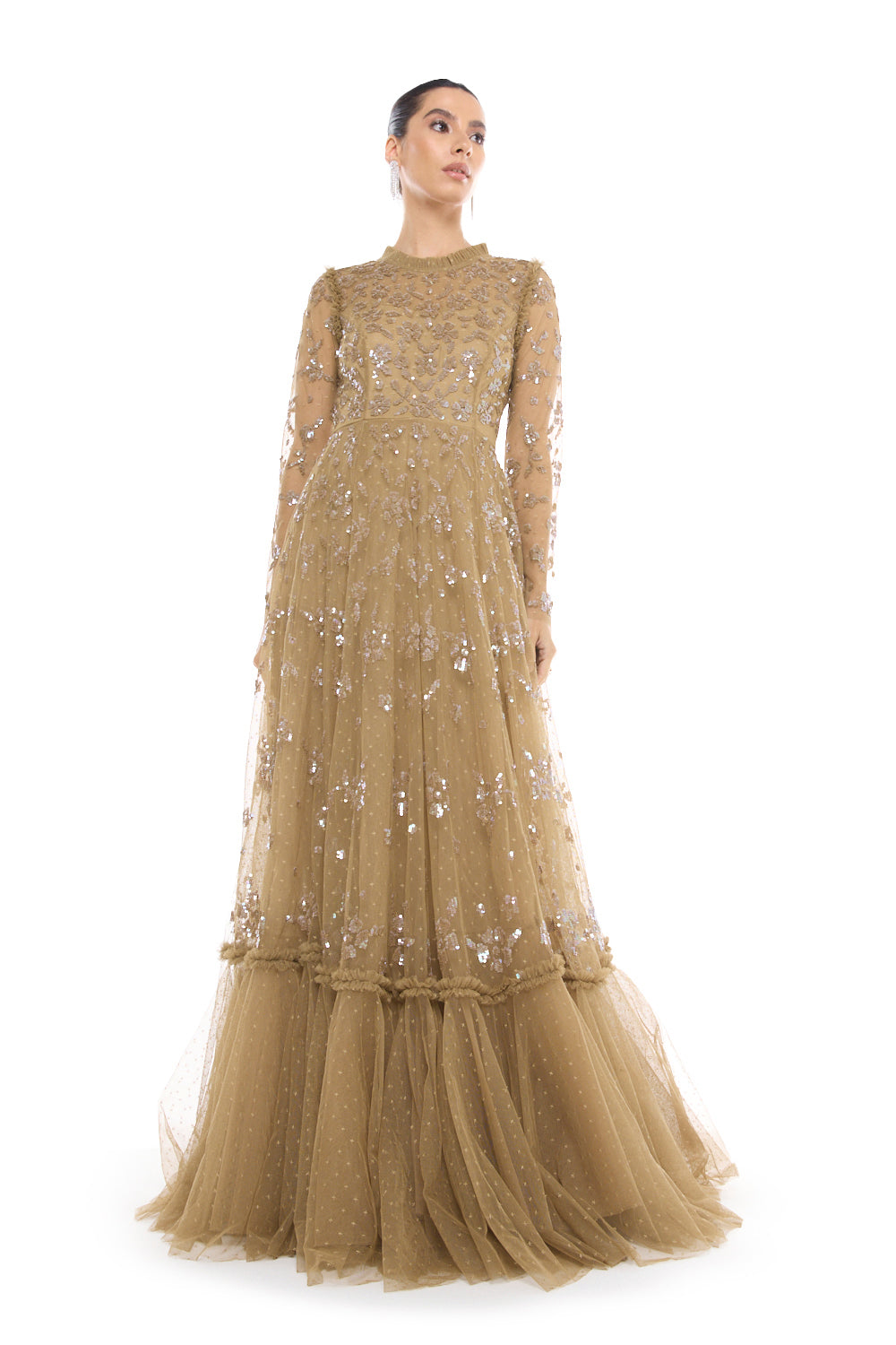 Tiered Embellished Mesh Gown