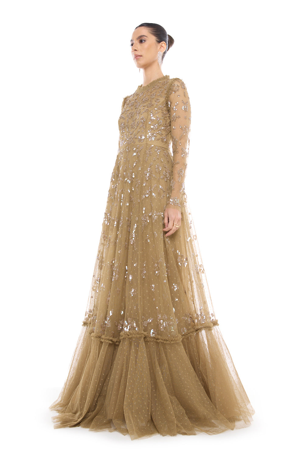 Tiered Embellished Mesh Gown
