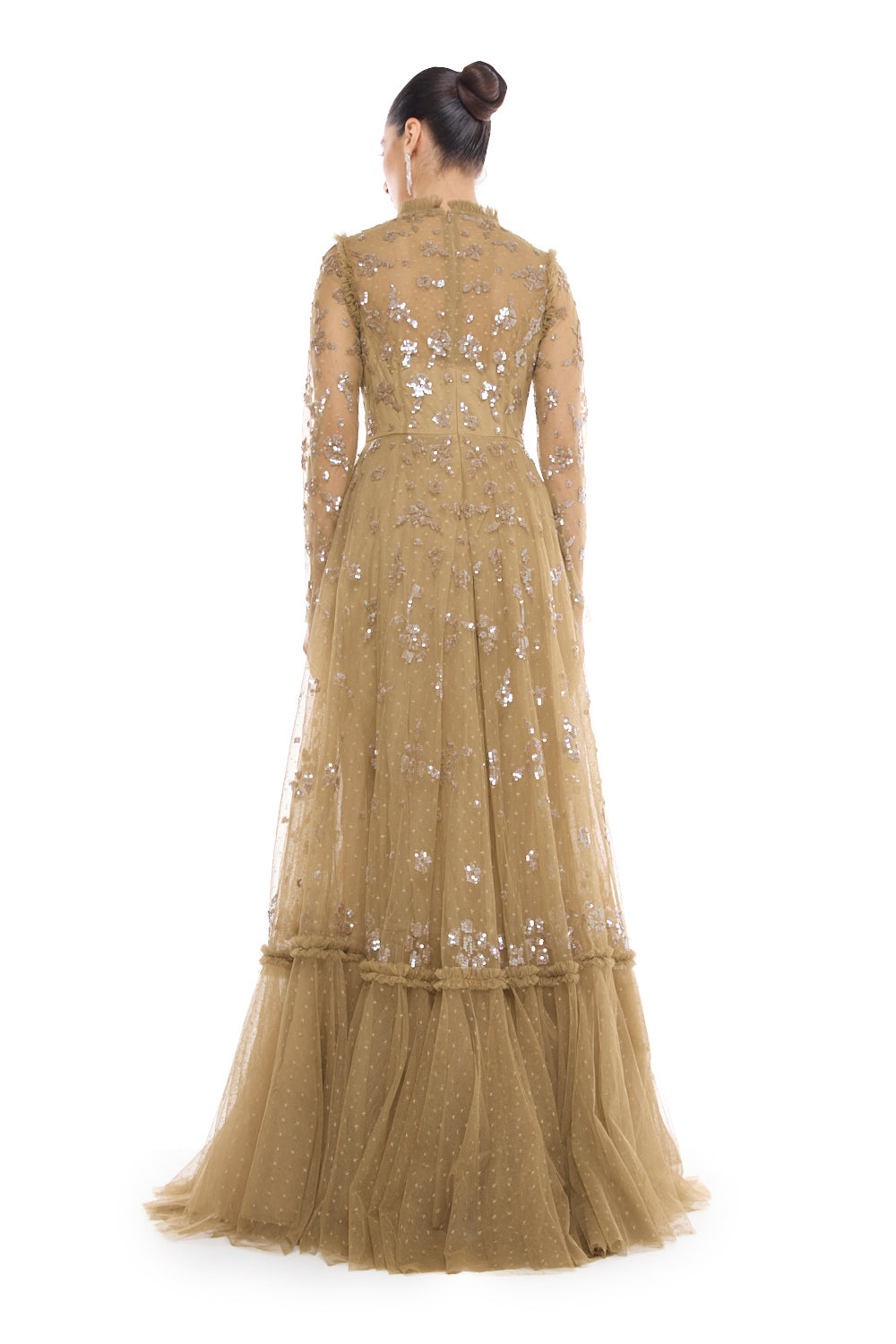 Tiered Embellished Mesh Gown
