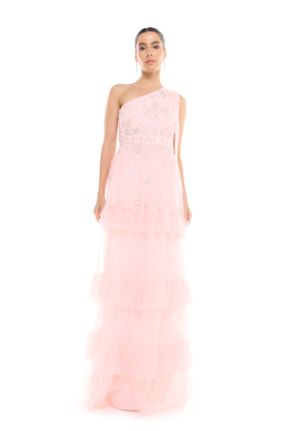 One-Shoulder Tiered Gown