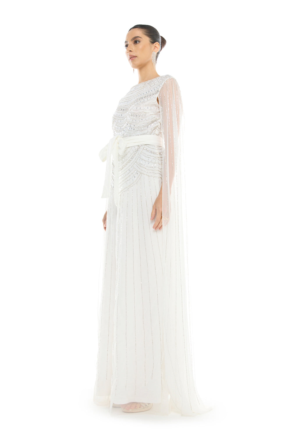 Beaded Cape Sleeve Gown