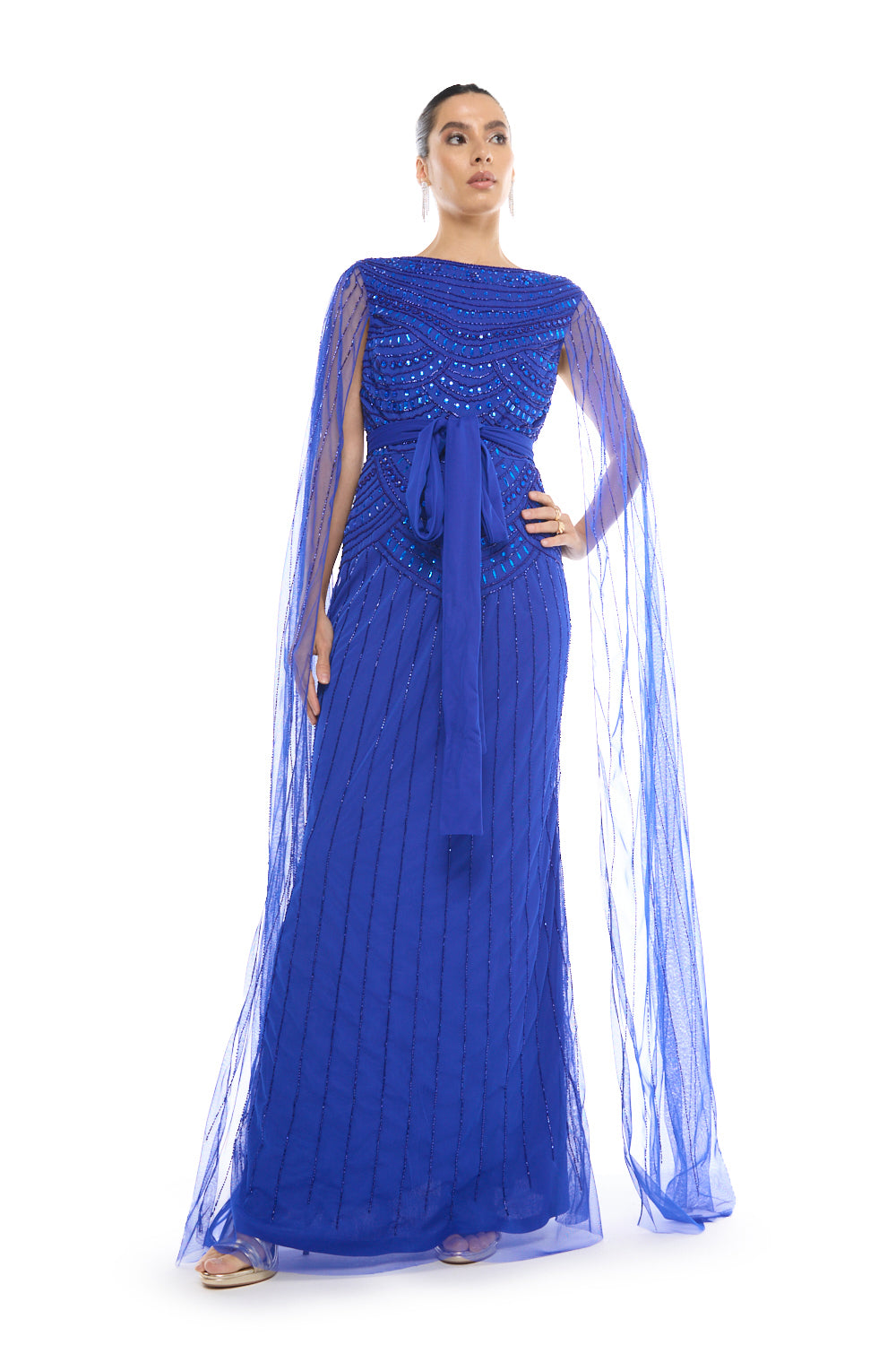 Beaded Cape Sleeve Gown