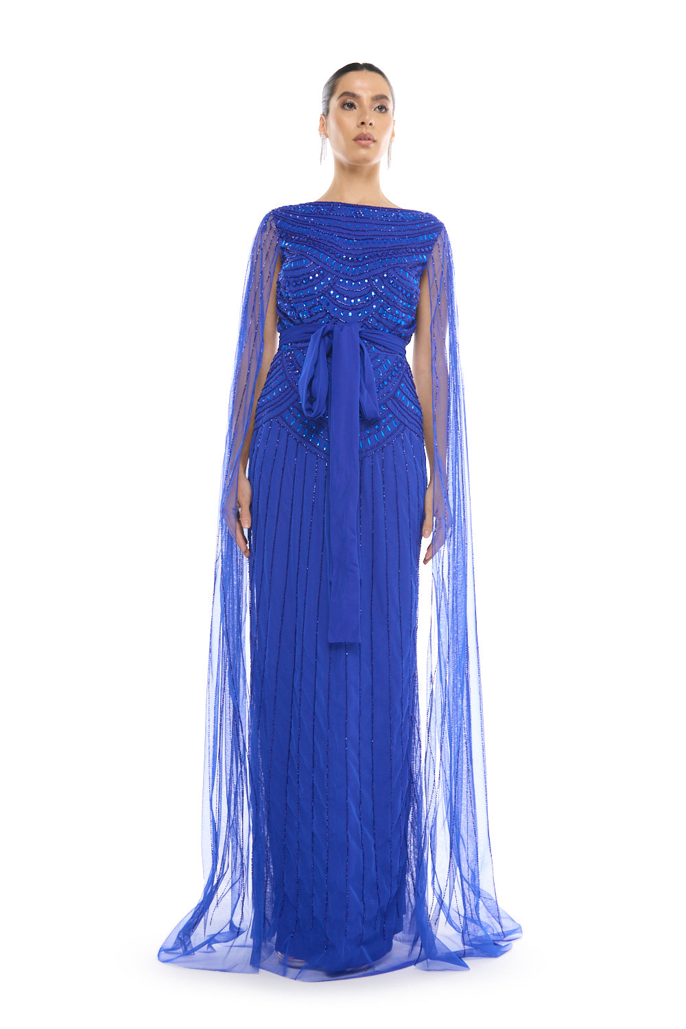 Beaded Cape Sleeve Gown