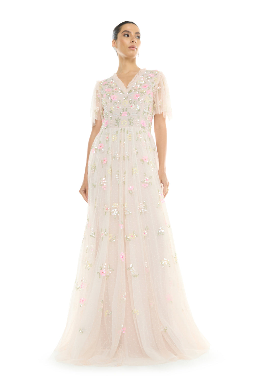 Floral Embellished Tulle Gown