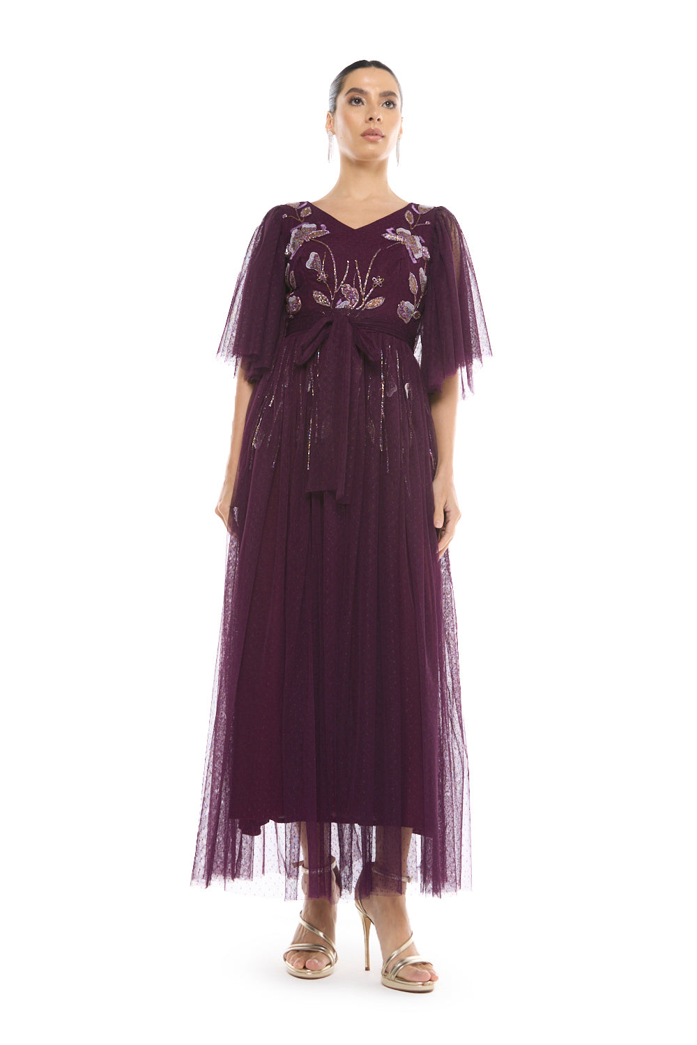 Embroidered Tie Waist Gown