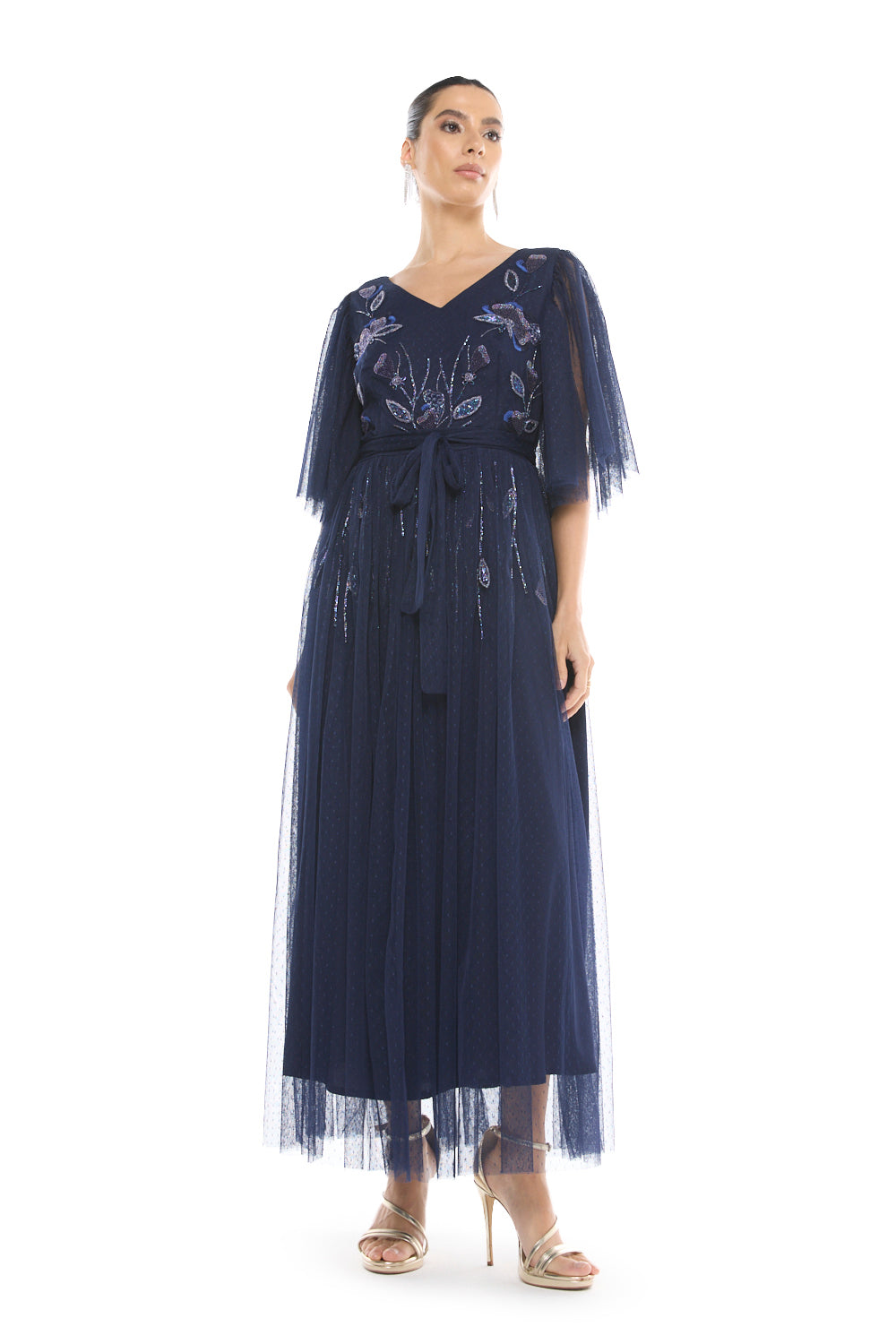 Embroidered Tie Waist Gown