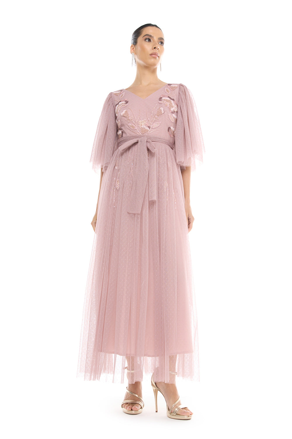 Embroidered Tie Waist Gown
