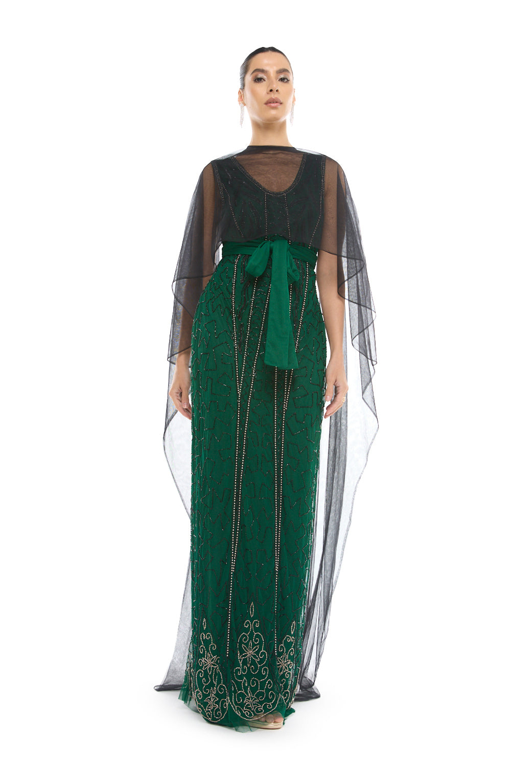 Cape Overlay Belted Gown