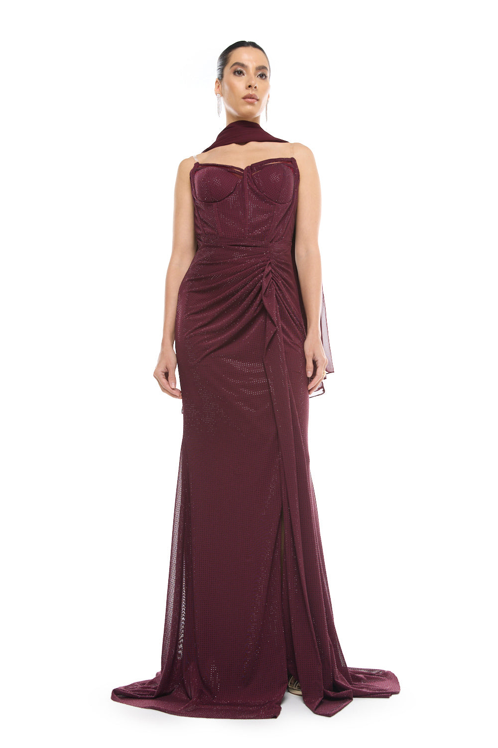 Strapless Draped Slit Gown
