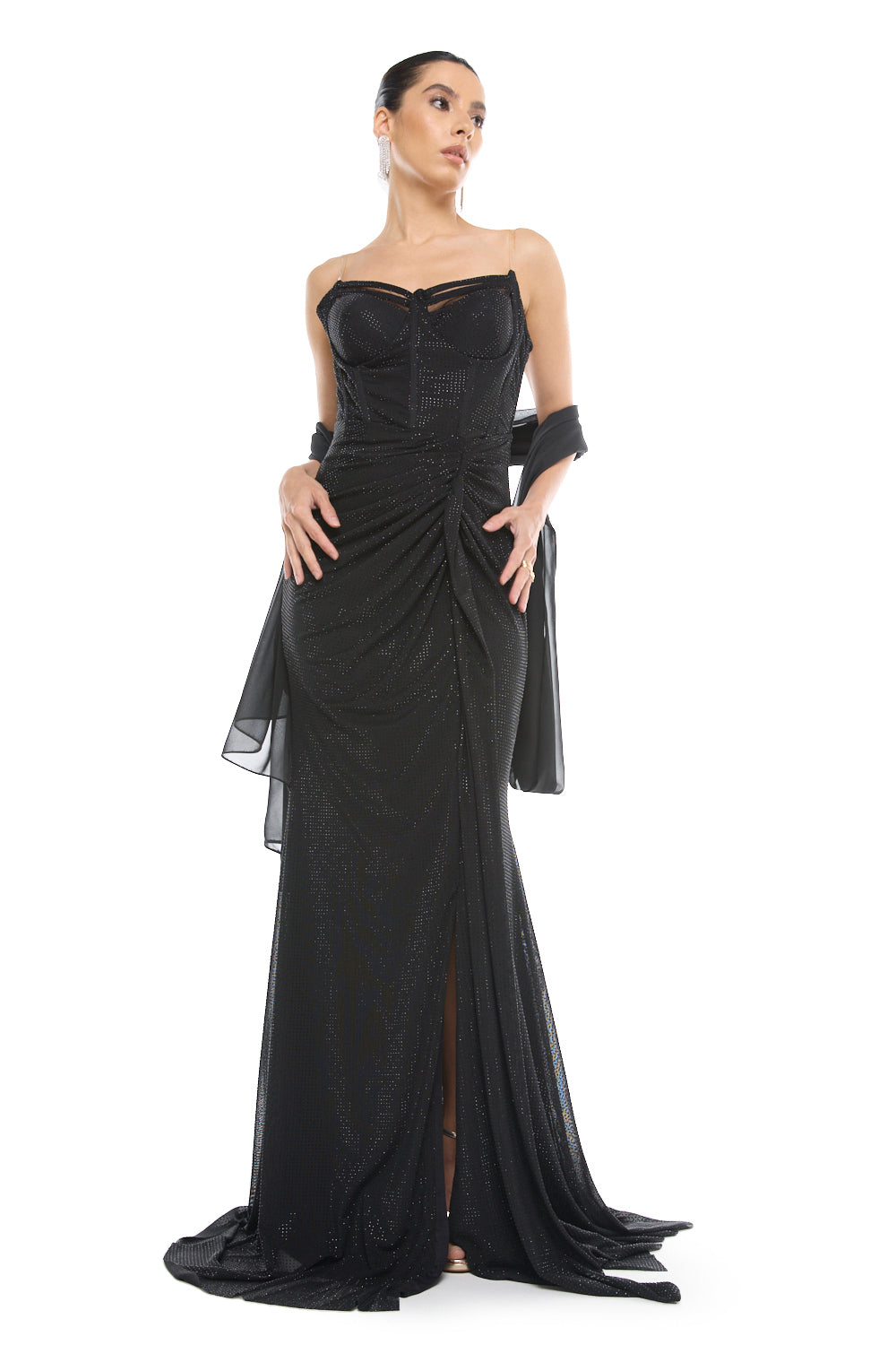 Strapless Draped Slit Gown