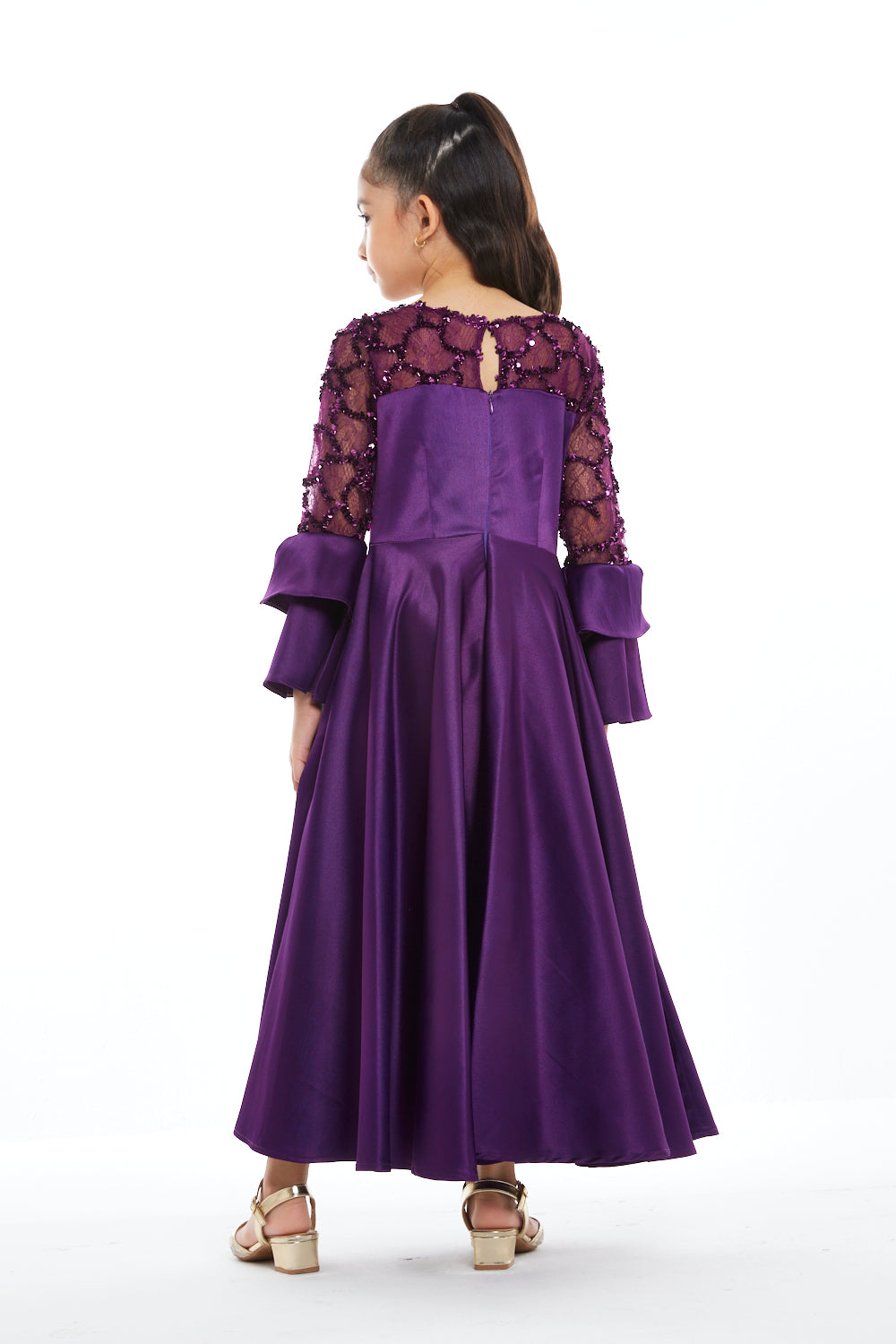 Beaded Lace Bell Sleeve Gown