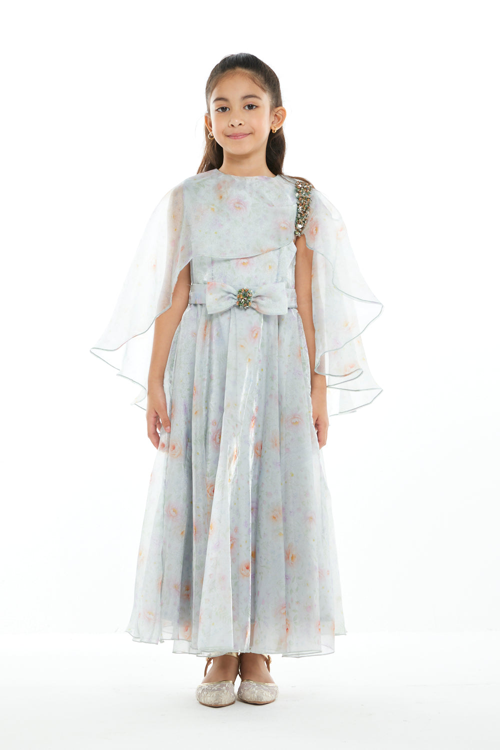 Floral Printed Capelet Jewel Dress