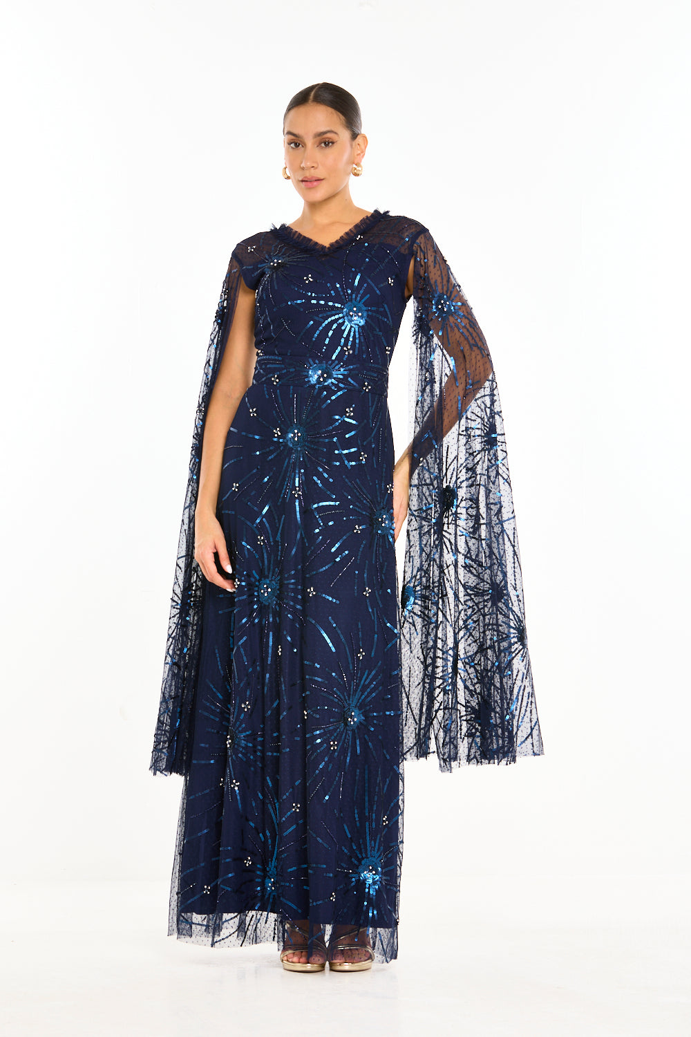 Starburst Embellished Cape Sleeve Gown