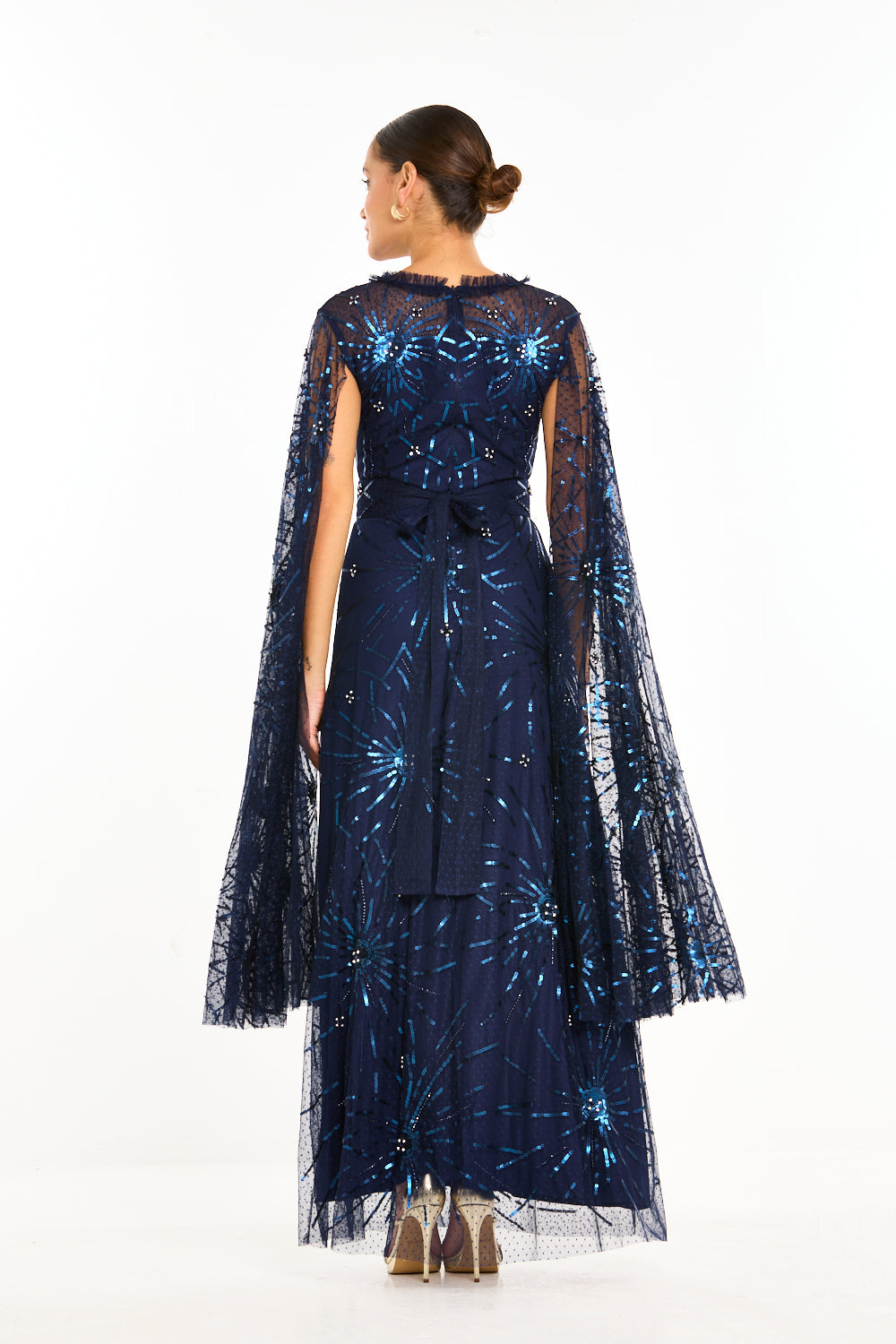 Starburst Embellished Cape Sleeve Gown