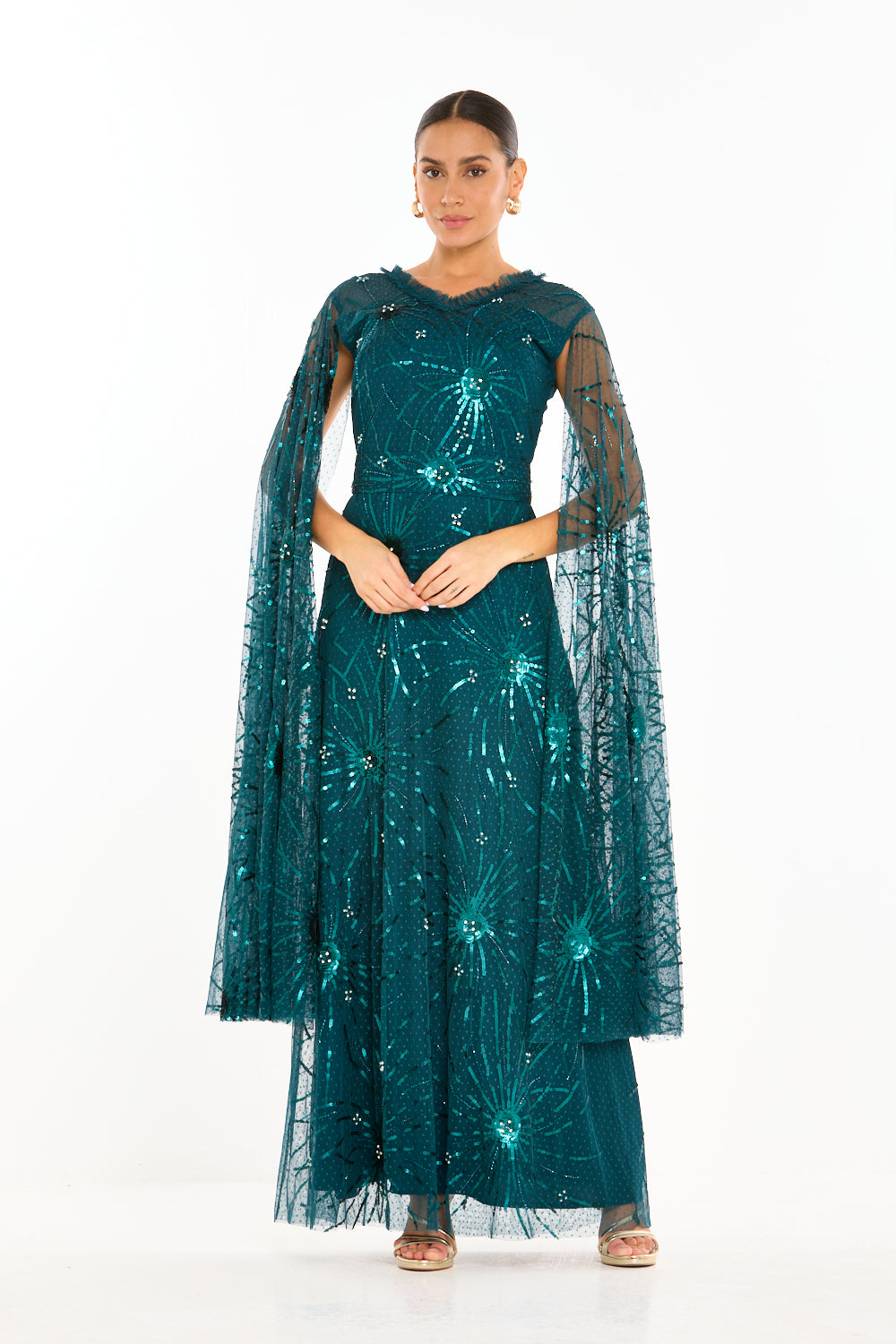 Starburst Embellished Cape Sleeve Gown