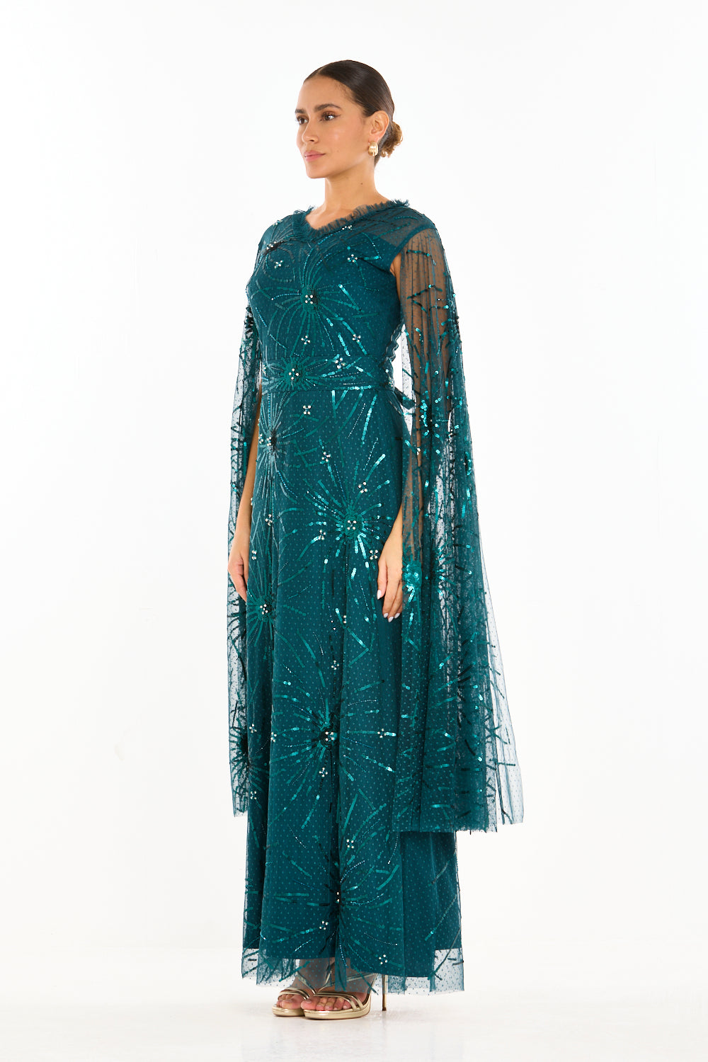 Starburst Embellished Cape Sleeve Gown
