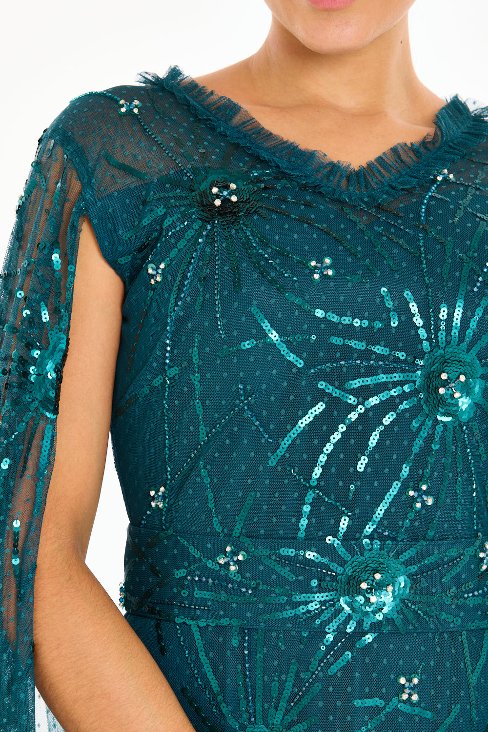 Starburst Embellished Cape Sleeve Gown