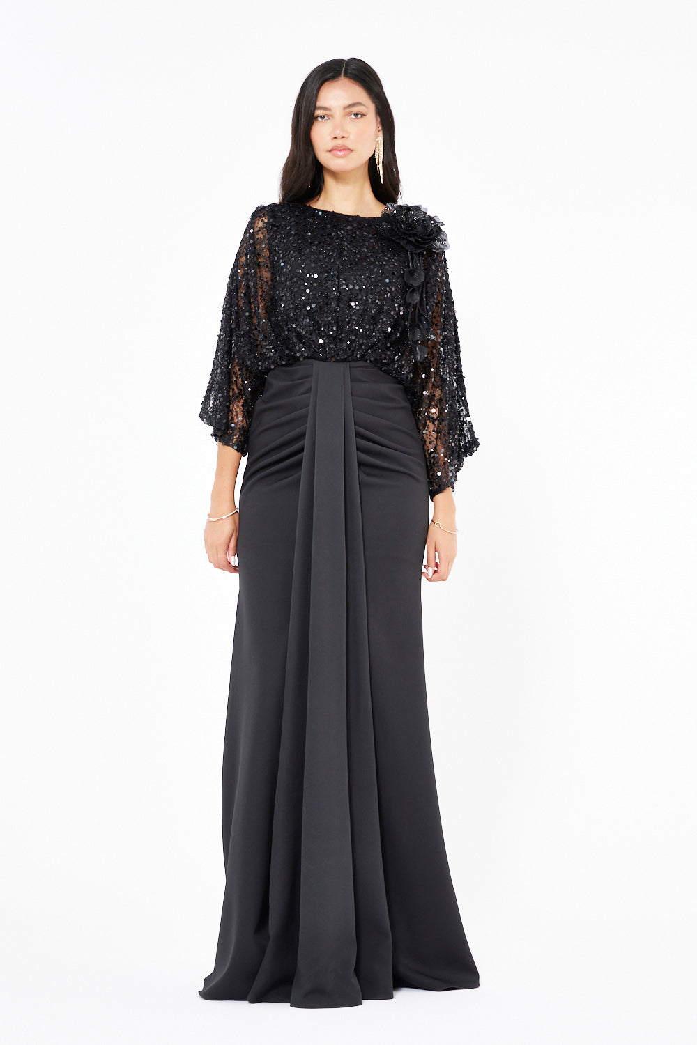 Floral Applique Sequin Draped Panel Gown