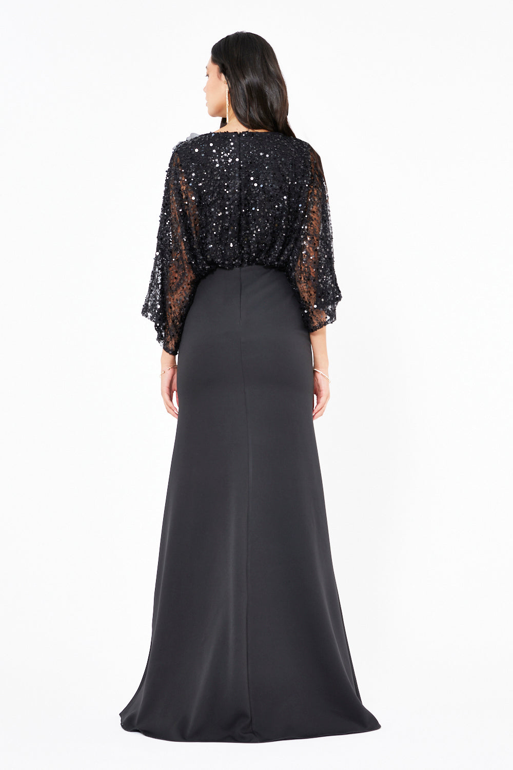 Floral Applique Sequin Draped Panel Gown