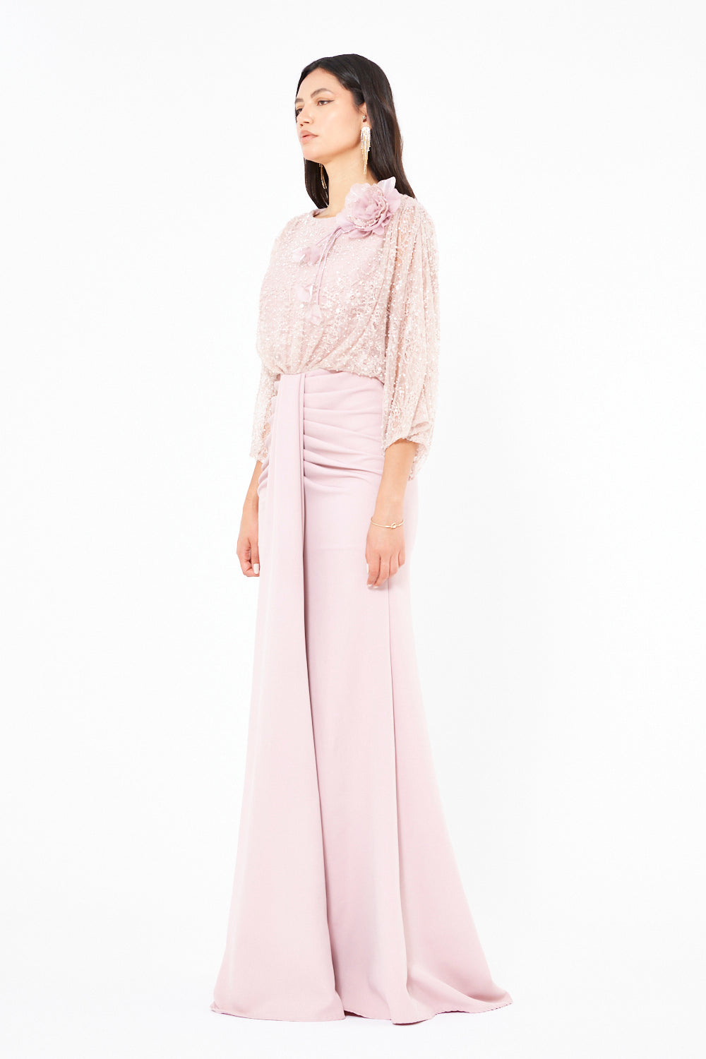 Floral Applique Sequin Draped Panel Gown