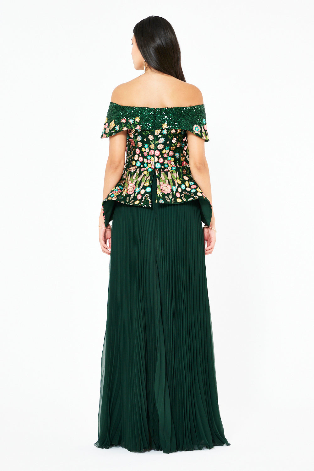 Embroidered Peplum Pleated Gown