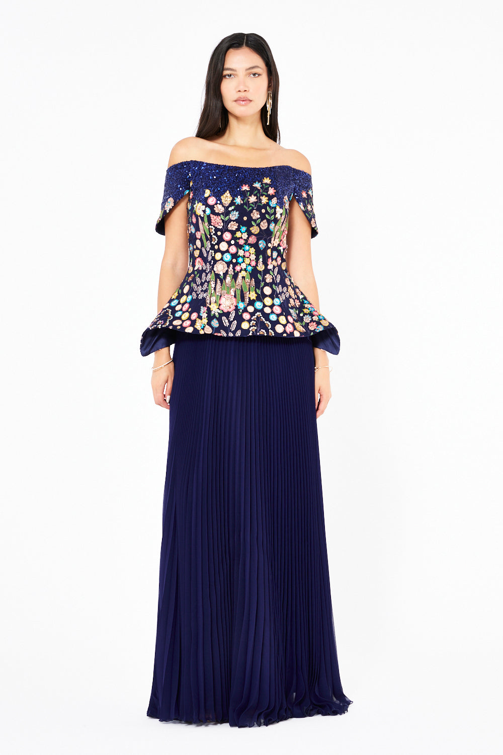 Embroidered Peplum Pleated Gown