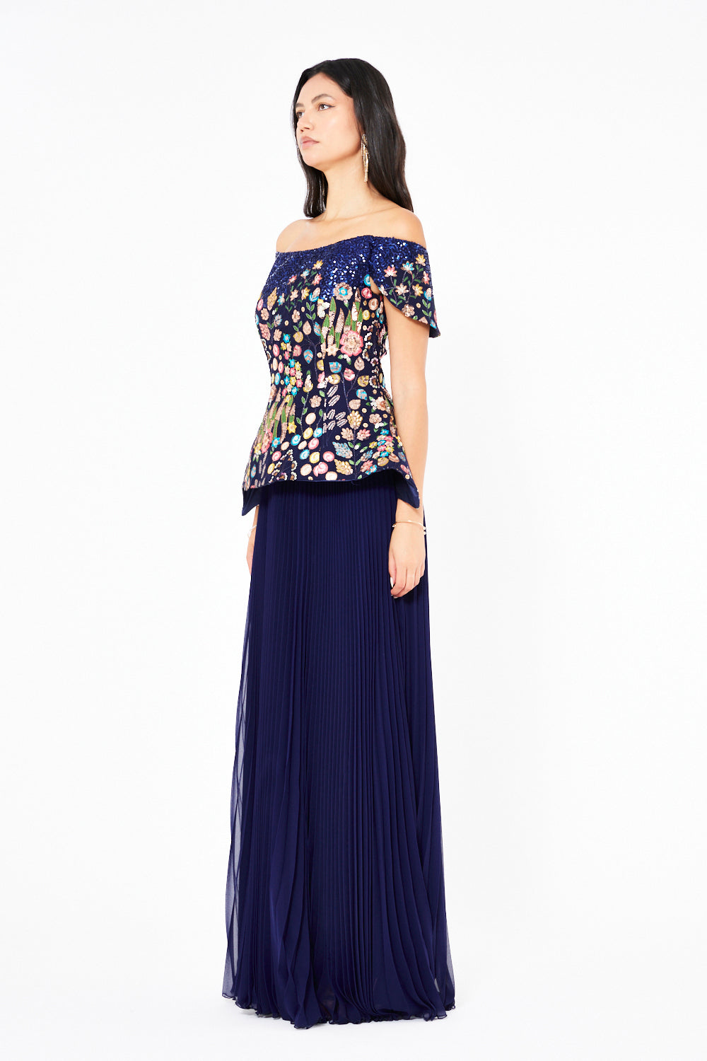 Embroidered Peplum Pleated Gown